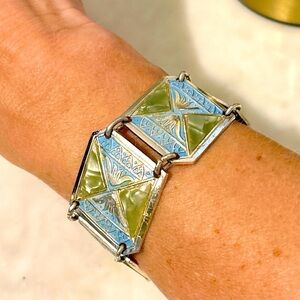 Vintage West Germany Panel Bracelet Faux Mother of Pearl Enamel Pressed Aluminum